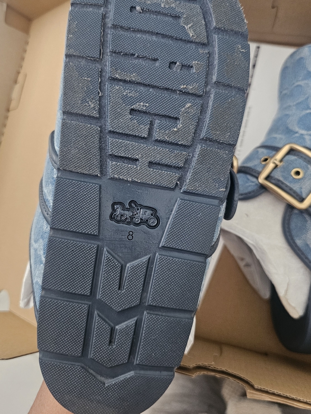 Indigo Denim Logo Clog with Blue Trim and Gold Buckle - Picture 7 of 7